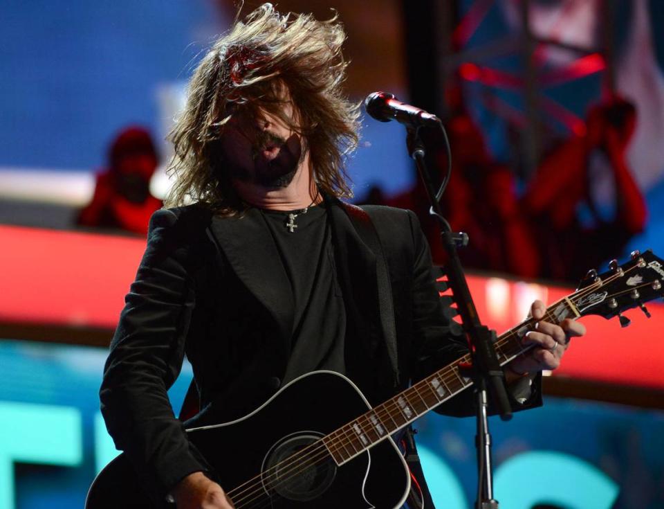 Dave Grohl of Foo Fighters performs on stage during the final night of the DNC in Charlotte, NC Thursday, Sept. 6, 2012. Jeff Siner - jsiner@charlotteobserver.com