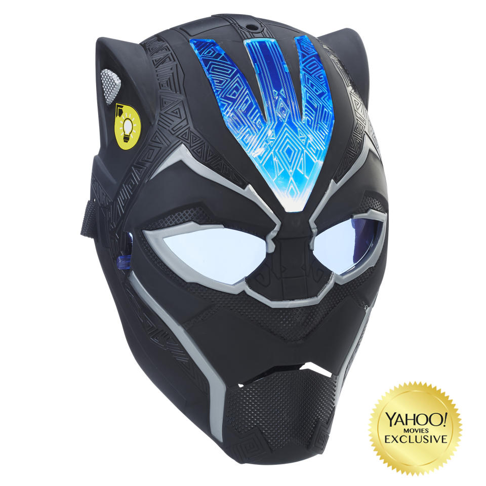 <p>“Imagine suiting up for battle as Black Panther with Vibranium-powered combat gear! This new mask, inspired by the movie, features a flip-down lens for two ways to play. Press the button on the side of the mask once for a pulsating light or twice for a fixed light effect.” $19.99 (Photo: Hasbro) </p>