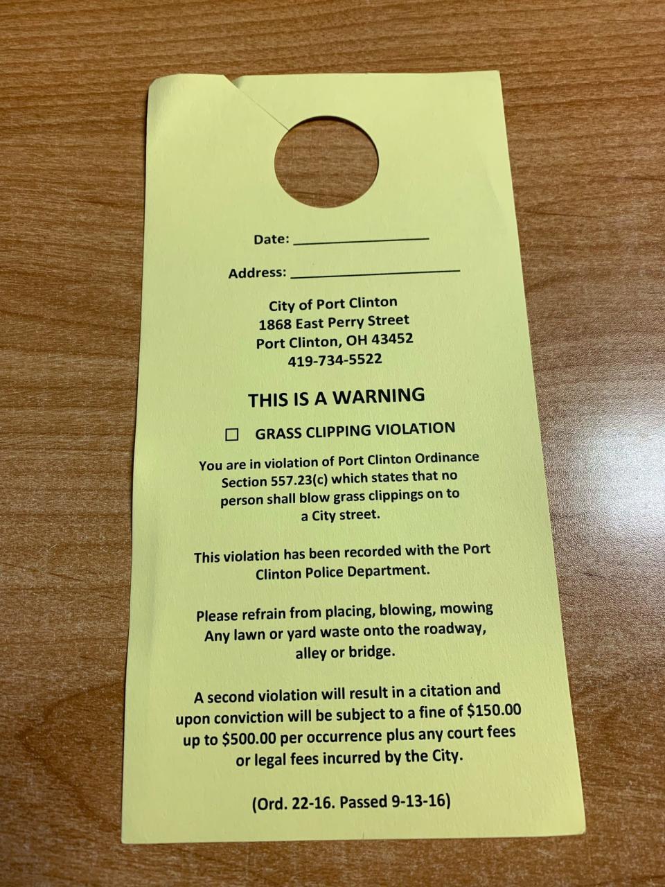 Mayor Mike Snider said police will be enforcing city ordinance Section 557.23(c), which states that no person shall blow grass clippings onto a city street. This door hanger is placed on the doors of violators and explains the city ordinance.