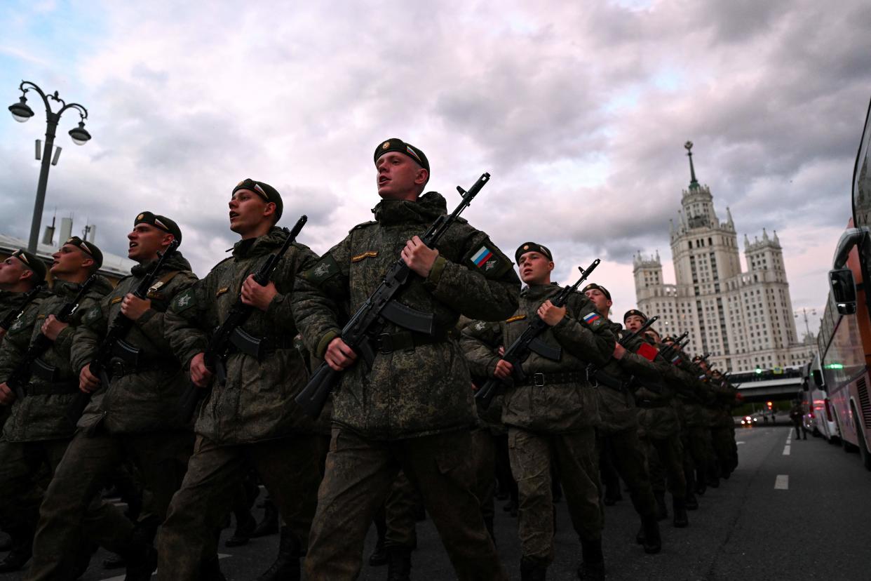 Russian servicemen gather in formations before attending the Victory Day military parade rehearsal in central Moscow on May 4, 2023. - Russia will celebrate the 78th anniversary of the 1945 victory over Nazi Germany on May 9. (Photo by NATALIA KOLESNIKOVA / AFP) (Photo by NATALIA KOLESNIKOVA/AFP via Getty Images)