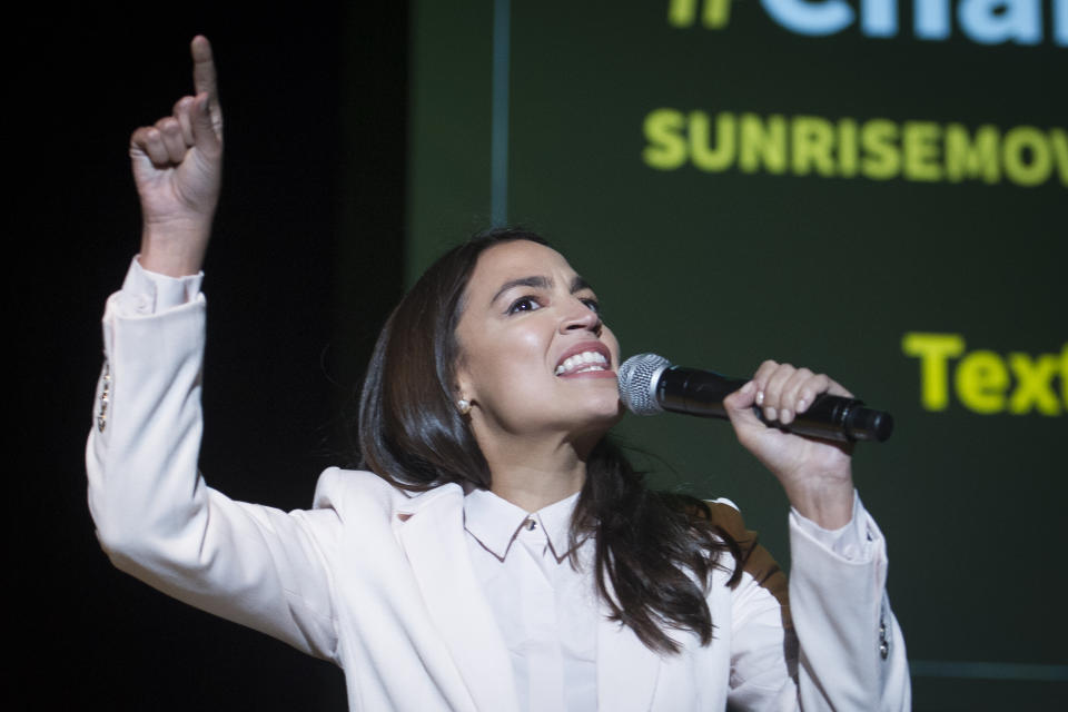 Rep. Alexandra Ocasio-Cortez, D-N.Y., addresses The Road to the Green New Deal Tour final event at Howard University in Washington, Monday, May 13, 2019. (AP Photo/Cliff Owen)