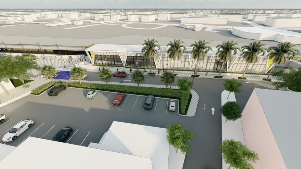 A rendering looking west of Fort Pierce, of the city's proposal for a Brightline train station downtown near the Sunrise Theatre. The city filed the proposal Dec. 22, 2023.