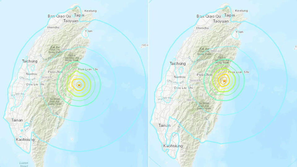 This map shows the locations of two earthquakes that hit Taiwan on April 23, 2024 -- a magnitude 6.1 (left) and a magnitude 6 (right).