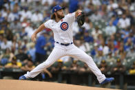 Chicago Cubs starter Kohl Stewart delivers a pitch during the first inning of a baseball game against the San Diego Padres on Monday, May 31, 2021, in Chicago. (AP Photo/Paul Beaty)