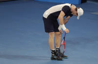 Britain's Andy Murray reacts during his first round match against Spain's Roberto Bautista Agut at the Australian Open tennis championships in Melbourne, Australia, Monday, Jan. 14, 2019. (AP Photo/Mark Schiefelbein)