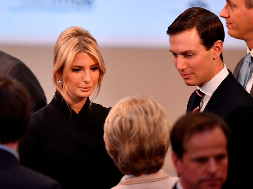 White House adviser Ivanka Trump and senior adviser Jared Kushner talk to von German Defence Minister Ursula von der Leyen in Munich on Feb. 16, 2019.