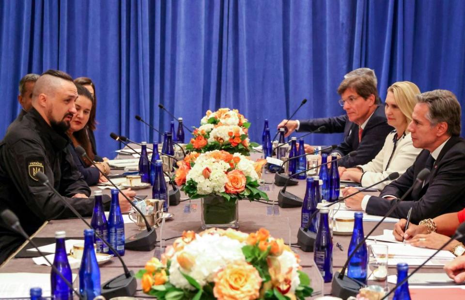 U.S. Secretary of State Antony Blinken speaks with Kamyshin in New York City, September 20, 2023.<span class="copyright">Zak Bennett—Pool/Reuters</span>