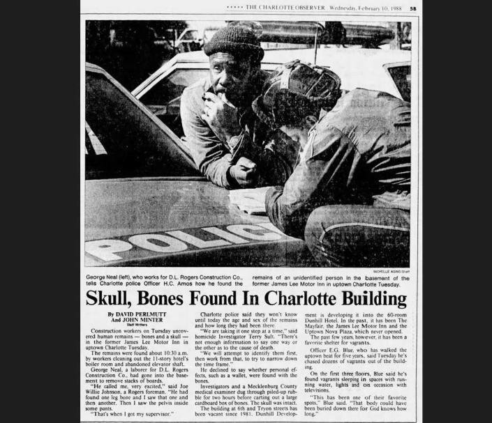 On February 9, 1988, human remains were found in an elevator shaft at 237 N. Tryon St., according to Charlotte-Mecklenburg Police. Charlotte Observer archives