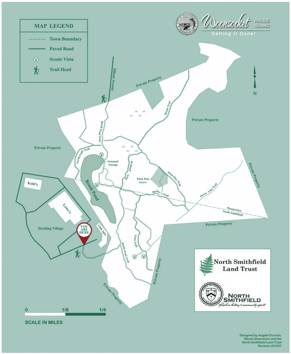 A trail map for Booth Pond Conservation Area.