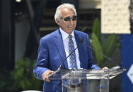 Hall of Famer Sandy Koufax speaks as the Los Angeles Dodgers unveil a Sandy Koufax statue in the Centerfield Plaza to honor the Hall of Famer and three-time Cy Young Award winner prior to a baseball game between the Cleveland Guardians and the Dodgers at Dodger Stadium in Los Angeles, Saturday, June 18, 2022. (Keith Birmingham/The Orange County Register via AP)