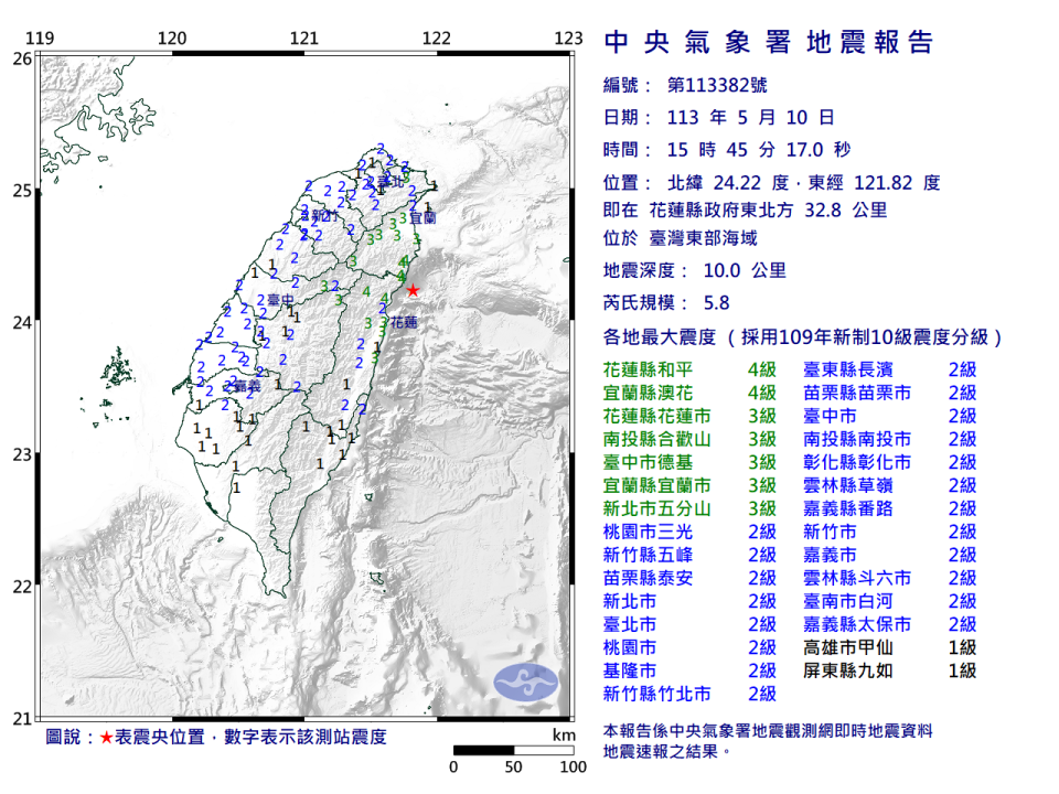 今日下午15時45分花蓮外海發生芮氏規模5.8有感地震。圖：氣象署提供