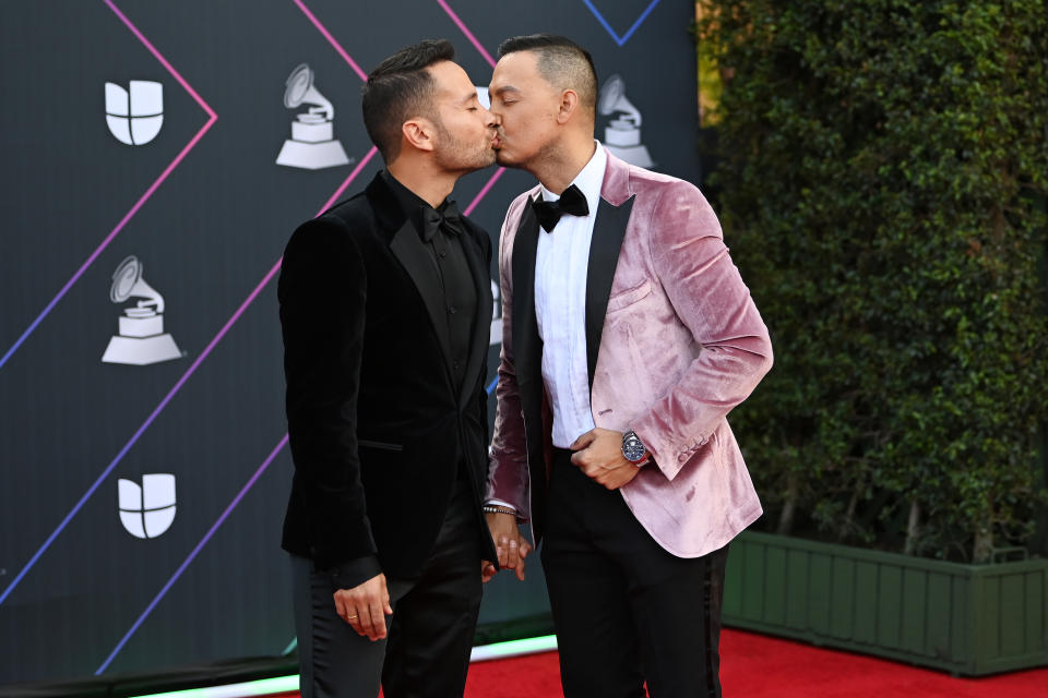 LAS VEGAS, NEVADA - NOVEMBER 18: (L-R) Renato Pérez and Luis Sandoval attend The 22nd Annual Latin GRAMMY Awards at MGM Grand Garden Arena on November 18, 2021 in Las Vegas, Nevada. (Photo by Denise Truscello/Getty Images for The Latin Recording Academy)