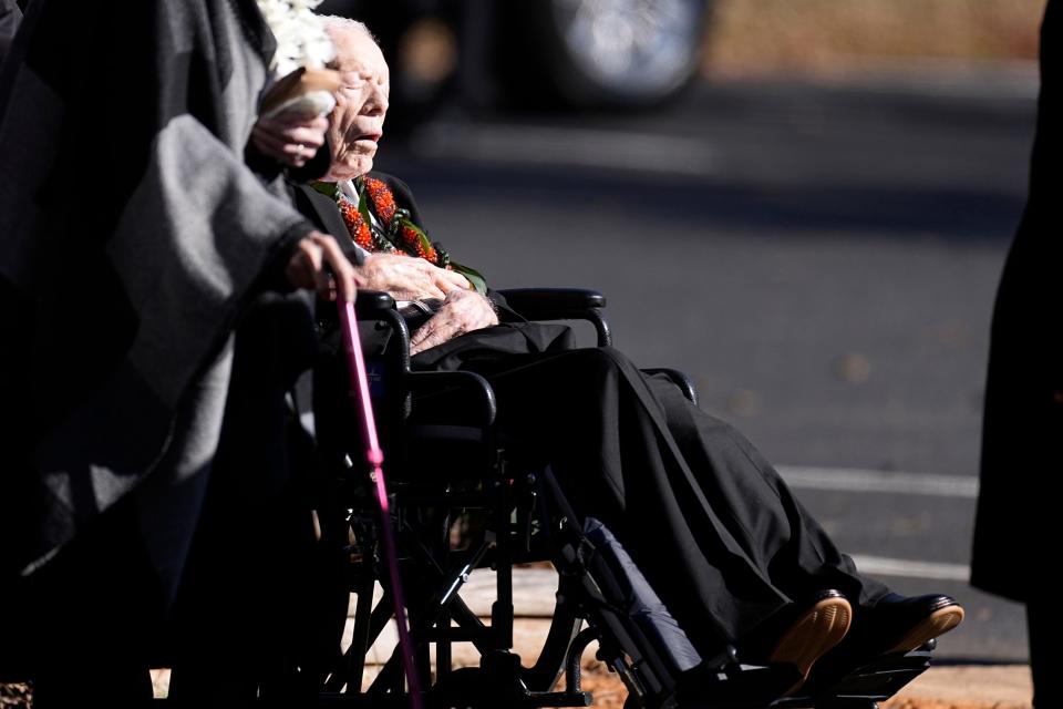 Former President Jimmy Carter arrives for the funeral service for his wife, former first lady Rosalynn Carter at Maranatha Baptist Church, Wednesday, Nov. 29, 2023, in Plains, Ga. The former first lady died on Nov. 19. She was 96.