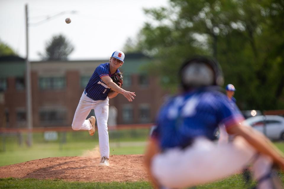 Saugatuck's Cass Stanberry throws a pitch Monday, May 22, 2023, at Fennville High School. 
