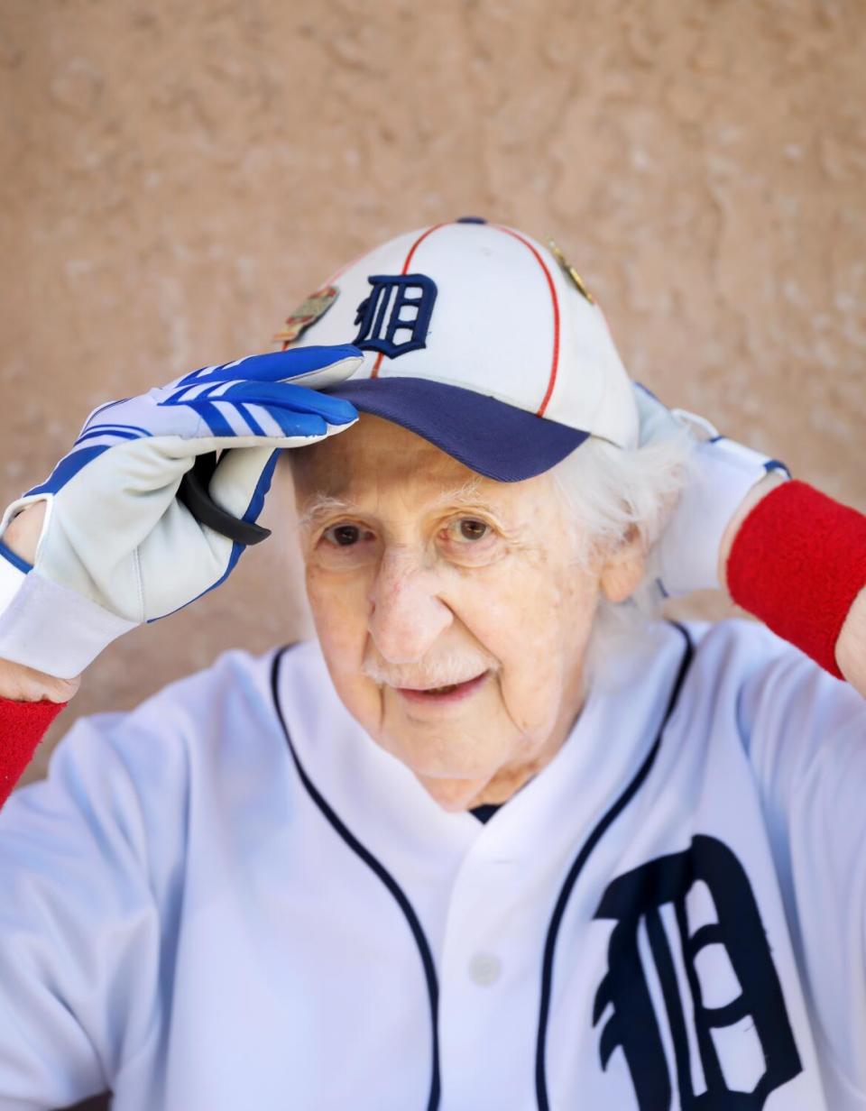 A man wearing a Detroit Tigers jersey a the Home Run Park batting cages in Anaheim.