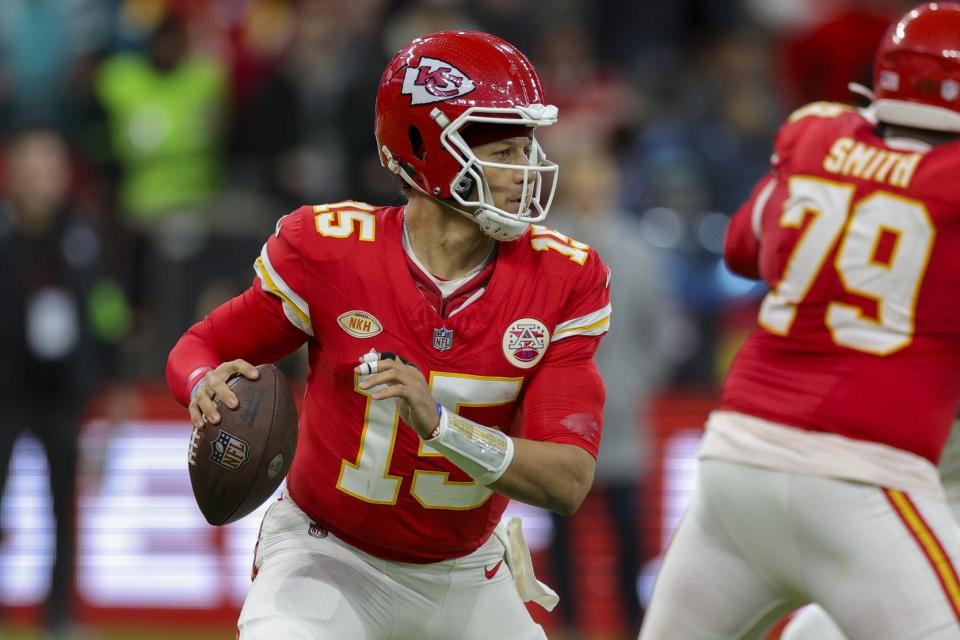 Nov 5, 2023; Frankfurt, Germany, ; Kansas City Chiefs quarterback Patrick Mahomes (15) drops back to pass against the Miami Dolphins in the first quarter during an NFL International Series game at Deutsche Bank Park. Mandatory Credit: Nathan Ray Seebeck-USA TODAY Sports