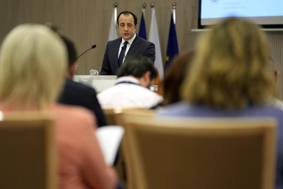Cyprus' President Nikos Christodoulides talks to the media at the presidential palace in Nicosia, Cyprus, Tuesday, June 20, 2023. Christodoulides gave an account of his first 100 days in office during a news conference. (AP Photo/Petros Karadjias)