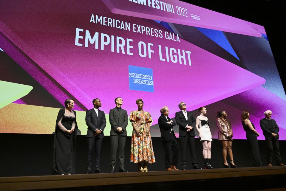 LONDON, ENGLAND - OCTOBER 12: (L-R) Olivia Colman, Micheal Ward, Tom Brooke, Tanya Moodie, Toby Jones, Colin Firth, Hannah Hampton, Crystal Clarke, Monica Dolan and Roger Deakins attend the "Empire of Light" UK Premiere at the 66th BFI London Film Festival at The Royal Festival Hall on October 12, 2022 in London, England. (Photo by Gareth Cattermole/Getty Images for Walt Disney Studios Motion Pictures UK)