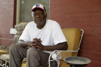 Gerald Armstrong recalls his time working for the old Kansas City Athletics as an attendant and ball boy in the visitor's clubhouse as he speaks from the front porch of the home where he grew up and now lives in Kansas City, Mo., on Friday, June 26, 2020. Armstrong is one of more than a dozen Black men who said they were sexually molested by former Red Sox clubhouse manager Donald "Fitzy" Fitzpatrick when they were youths. (AP Photo/Charlie Riedel)