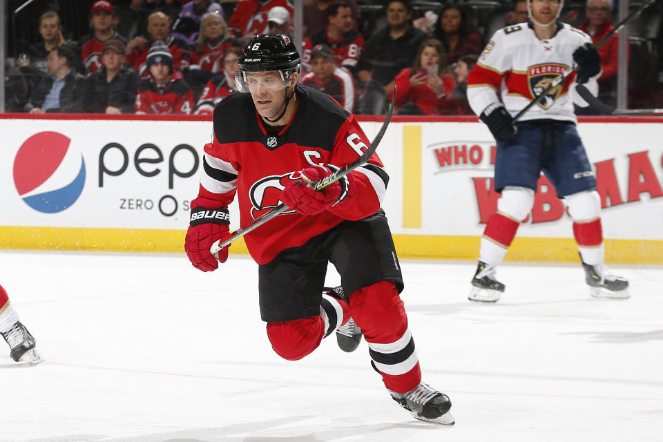 NEWARK, NJ - FEBRUARY 11: Andy Greene #6 of the New Jersey Devils skates for the puck during the game against the Florida Panthers at the Prudential Center on February 11, 2020 in Newark, New Jersey. (Photo by Andy Marlin/NHLI via Getty Images)