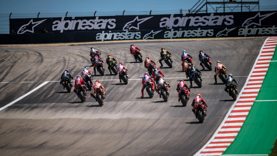 MotoGP racers approaching turn No.1, the most challenging among the 20 found on the 3.41-mile Circuit of the Americas track in Austin, Tex.