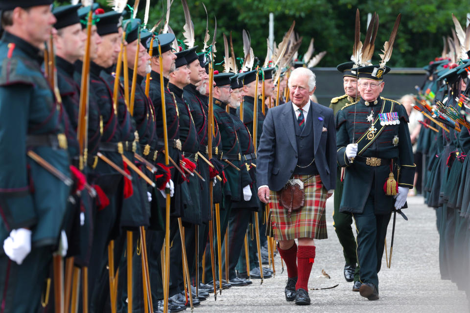 EDINBURGH, SCOTLAND - JULY 03: King Charles III walks through the guard of honour during the British Royal Family&#39;s Royal Week in Scotland, at the Ceremony of the Keys at the Palace of Holyrood House on July 03, 2023 in Edinburgh, Scotland. The British Royal family will carry out traditional engagements in Scotland until Thursday. This includes the presentation of the  Honours  of  Scotland to King Charles III and Queen Camilla at a National Service of  Thanksgiving on July 05. (Photo by Chris Jackson/Getty Images)