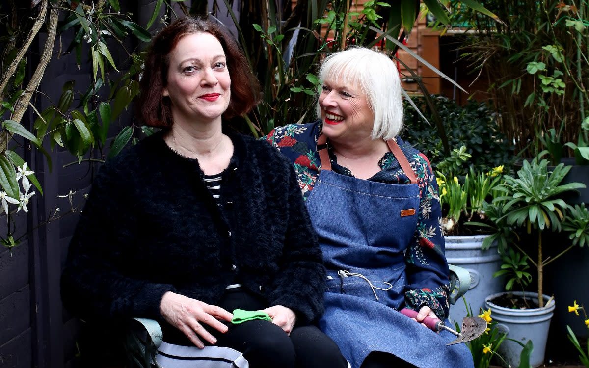 Liz Hoggard with her garden designer and friend Geraldine Rudge