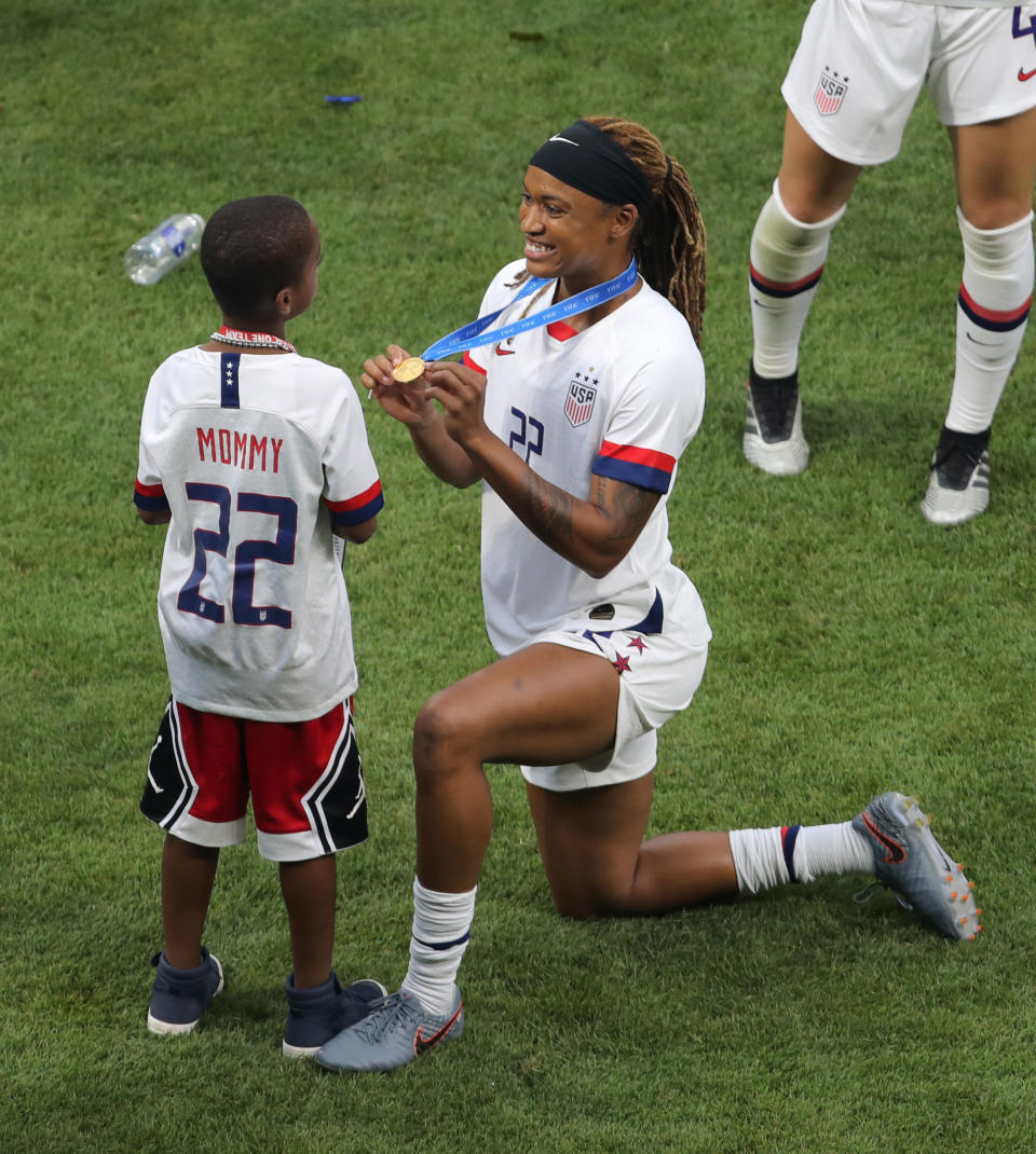 USA's Jessica McDonald with son Jeremiah after winning the FIFA Women's World Cup 2019 USA v Netherlands - FIFA Women's World Cup 2019 - Final - Stade de Lyon 07-07-2019 . (Photo by Richard Sellers/EMPICS/PA Images via Getty Images)