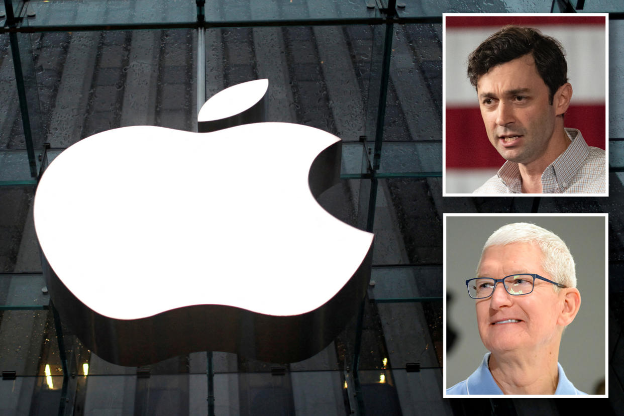 Apple logo, TIm COok and Jon Ossoff