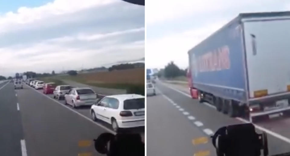 Photos shows cars queuing behind a truck at a highway turnoff. 