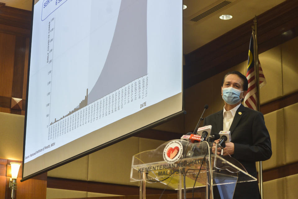 Health director-general Tan Sri Dr Noor Hisham Abdullah speaks during a press conference in Putrajaya on November 21, 2020. — Picture by Miera Zulyana