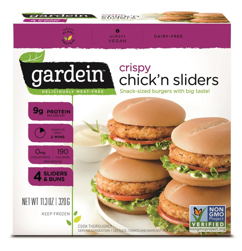 a promotional image shows Gardein Crispy Chick’n Sliders