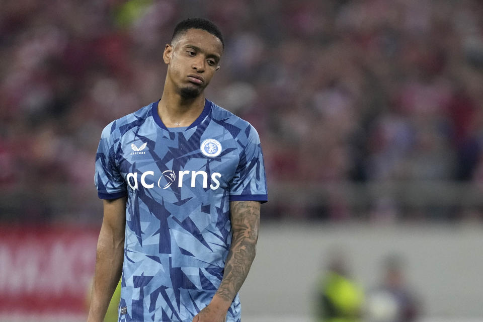 Aston Villa's Ezri Konsa reacts disappointed after the Europa Conference League semifinal, second leg, soccer match between Olympiacos and Aston Villa at the Georgios Karaiskakis stadium at Athens' port of Piraeus, Greece, Thursday, May 9, 2024. (AP Photo/Thanassis Stavrakis)