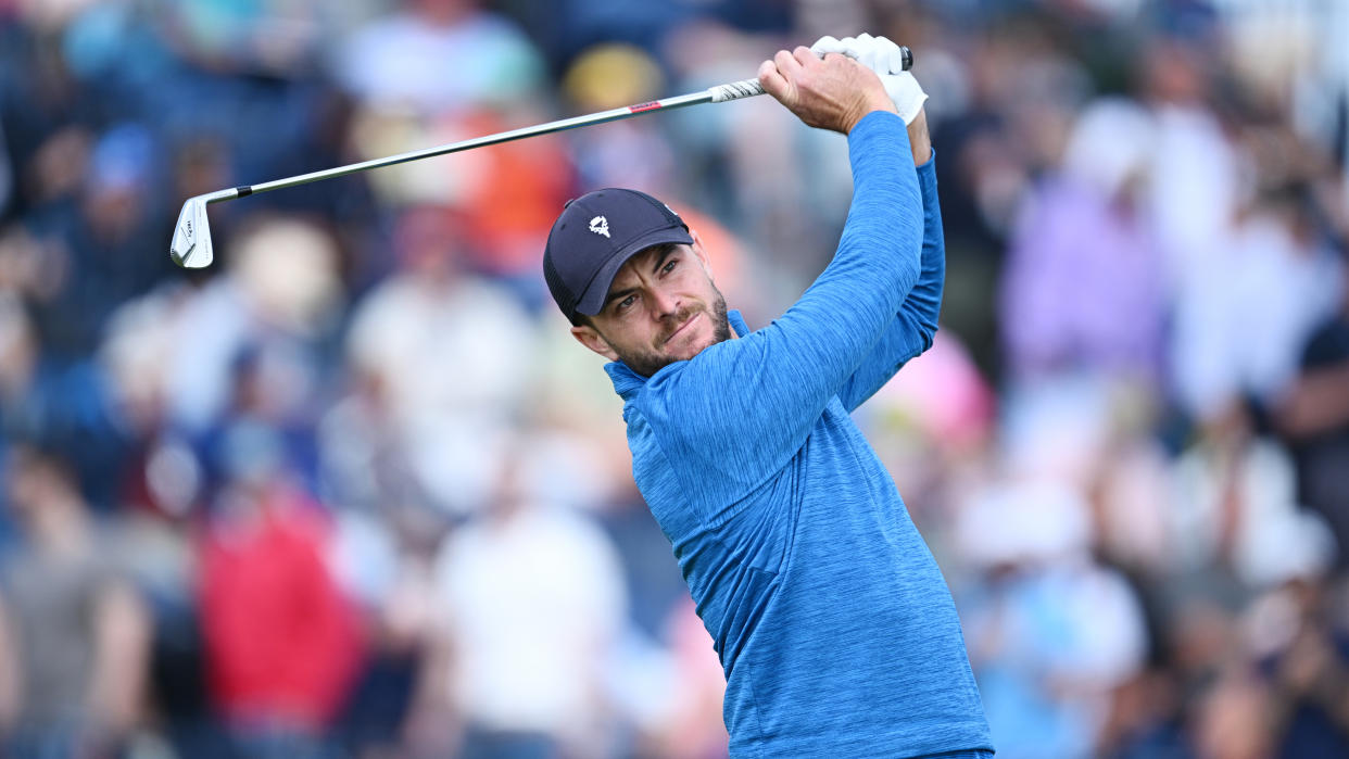  Laurie Canter of England tees off the 4th during Day One of The 151st Open at Royal Liverpool Golf Club 