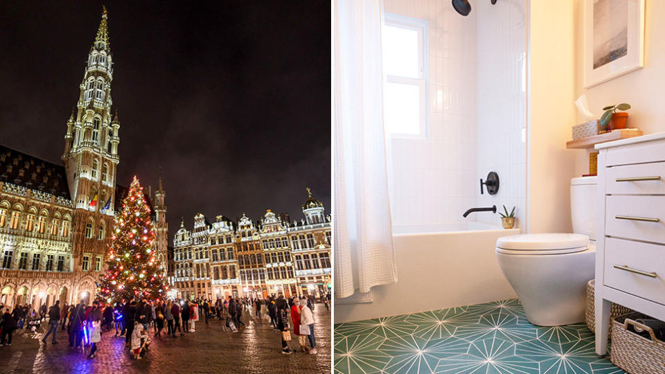Illumination of Christmas Lights on December 02, 2020 in Brussels, Belgium on the right and a generic photo of a bathroom
