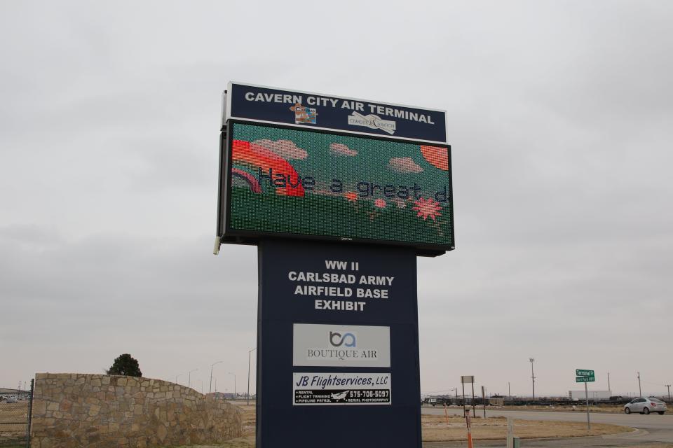 The welcome sign at Carlsbad's Cavern City Air Terminal greets drivers on National Parks Highway Feb. 21, 2020. The airport is getting a federal grant to improve the runway.