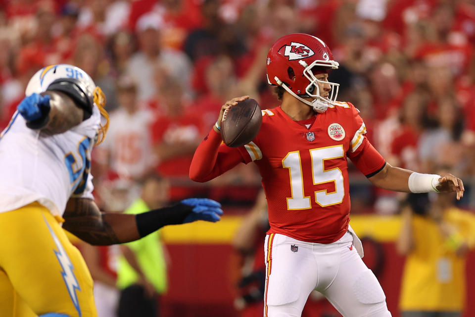 Patrick Mahomes had a fun highlight on his first TD pass against the Chargers. (Photo by Jamie Squire/Getty Images)