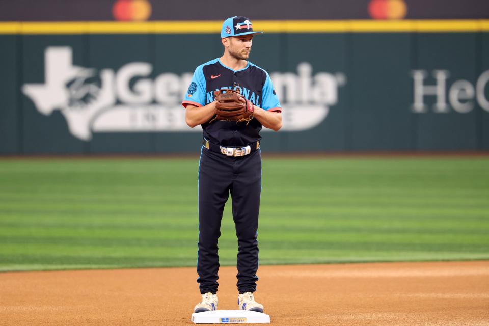 National League shortstop Trea Turner of the Philadelphia Phillies looks on before the MLB All-Star game, July 16, 2024, in Arlington, Texas.