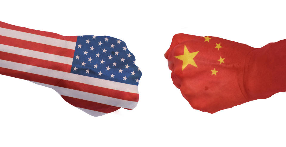 China USA or United States trade and American tariffs conflict with two opposing trading partners as an economic import and exports dispute concept