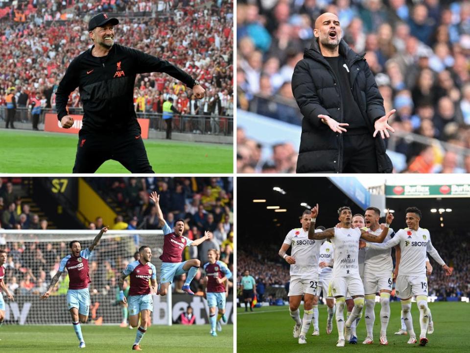 Manchester City and Liverpool are fighting for the title on the final day while either Burnley or Leeds will be relegated (Getty)