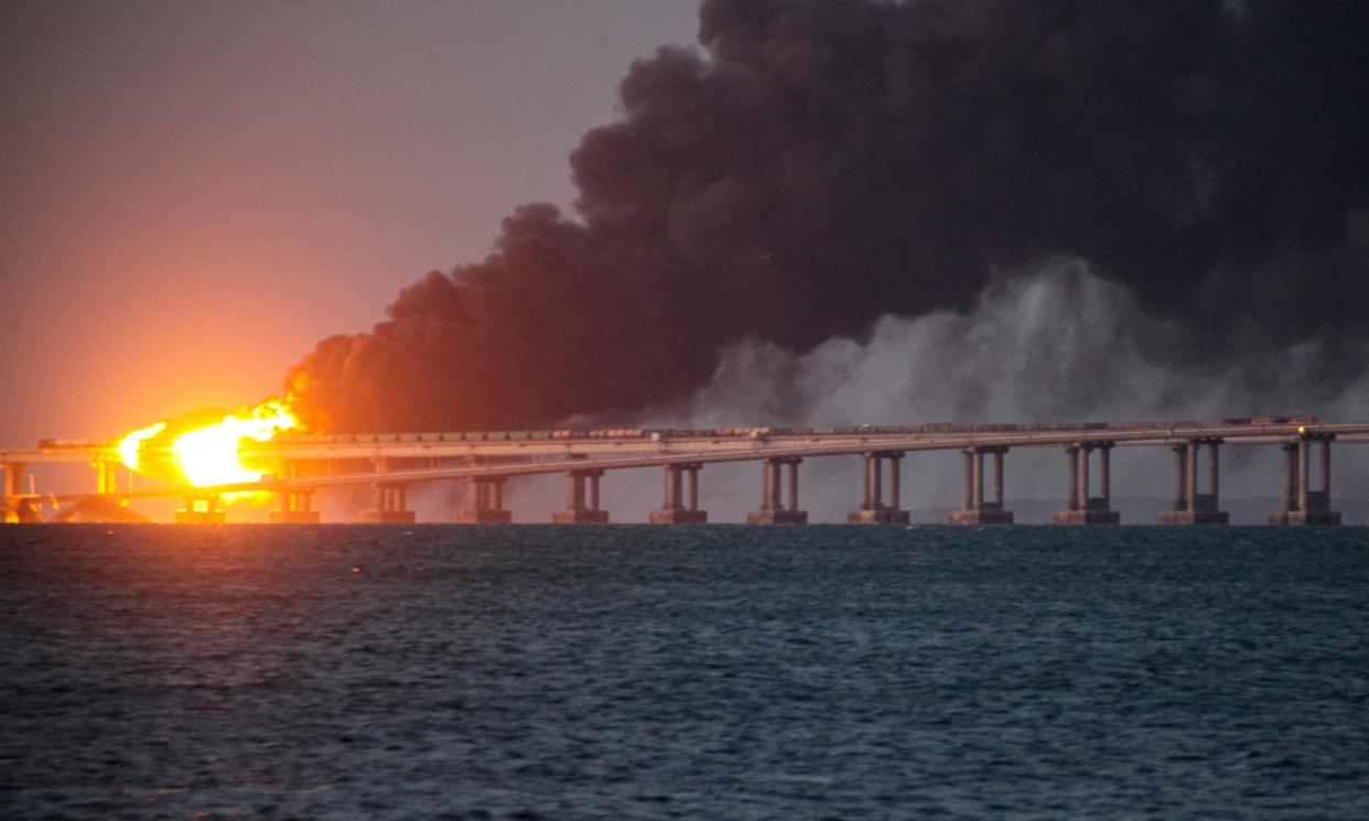 <span>Ukraine has attacked the Kerch bridge twice before. In October 2022 an explosion caused several spans of roadway to fall into the water.</span><span>Photograph: AP</span>