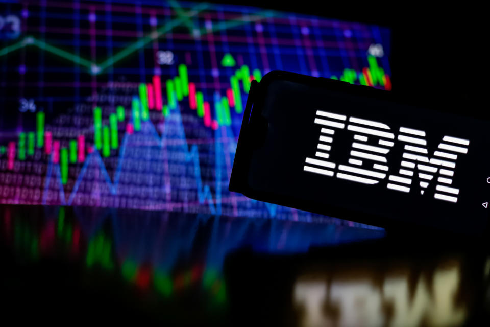 POLAND - 2024/04/04: In this photo illustration, an IBM logo is seen on a smartphone with stock market percentages on the background. (Photo Illustration by Dominika Zarzycka/SOPA Images/LightRocket via Getty Images)