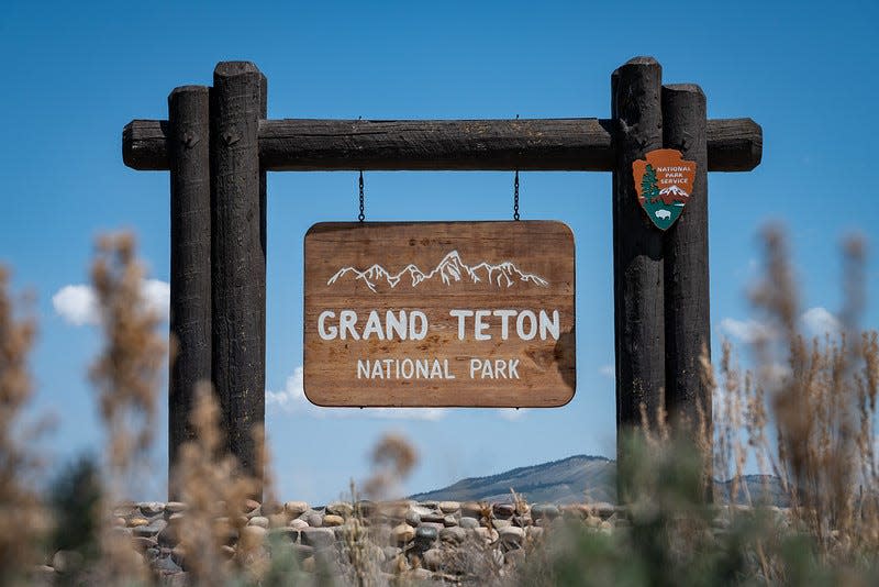 Grand Teton National Park's entrance sign welcomes visitors.