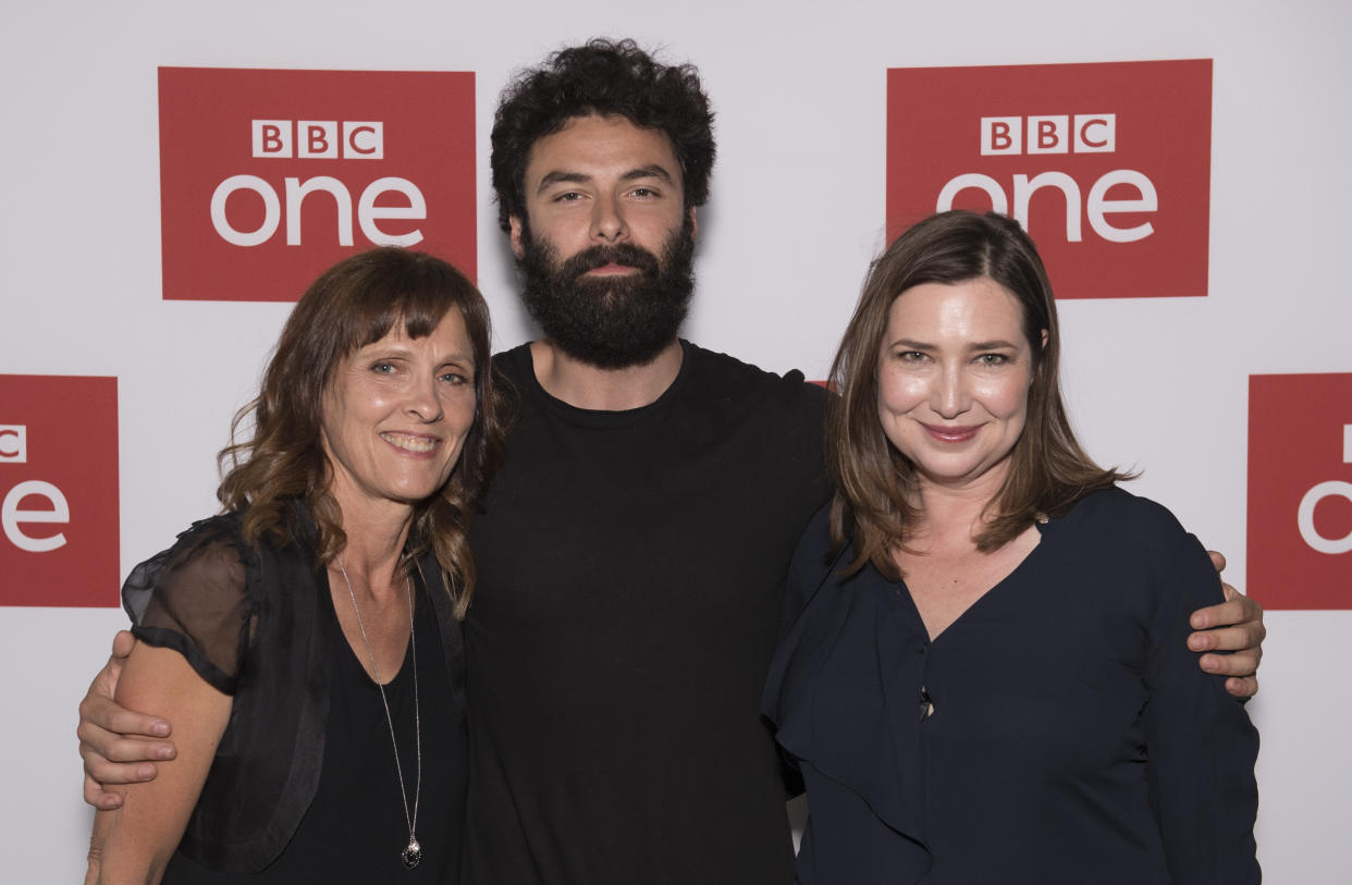 LONDON, ENGLAND - JUNE 05: Debbie Horsfield, Aidan Turner and Karen Thrussell attend the series premiere, followed by a Q&A session, for "Poldark" at BFI Southbank on June 05, 2019 in London, England. (Photo by Stuart C. Wilson/Getty Images)