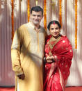 Vidya wore a red sari and looked very pretty in it.