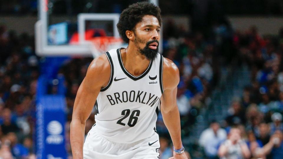 Oct 27, 2023; Dallas, Texas, USA; Brooklyn Nets guard Spencer Dinwiddie (26) handles the ball during the fourth quarter against the Dallas Mavericks at American Airlines Center.
