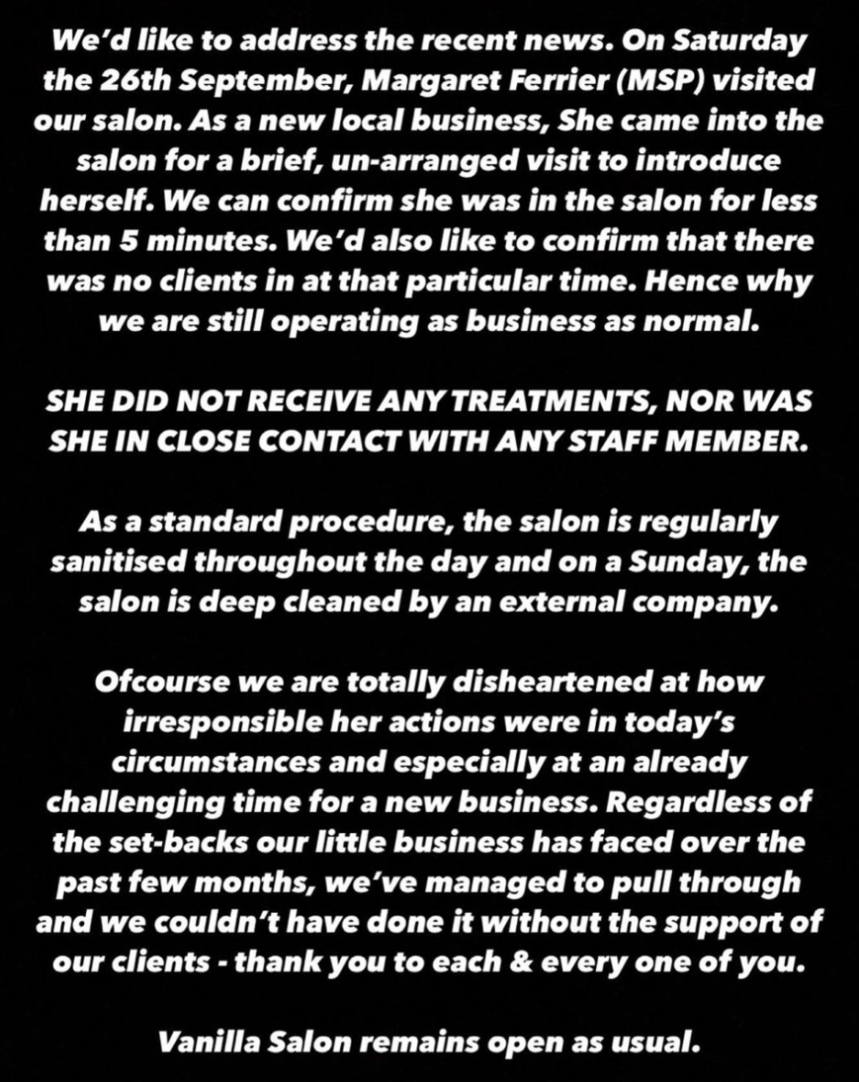 The owners of Vanilla Salon said they were "disheartened" that Margaret Ferrier had visited despite suffering coronavirus symptoms. (Facebook/Vanilla Salon)