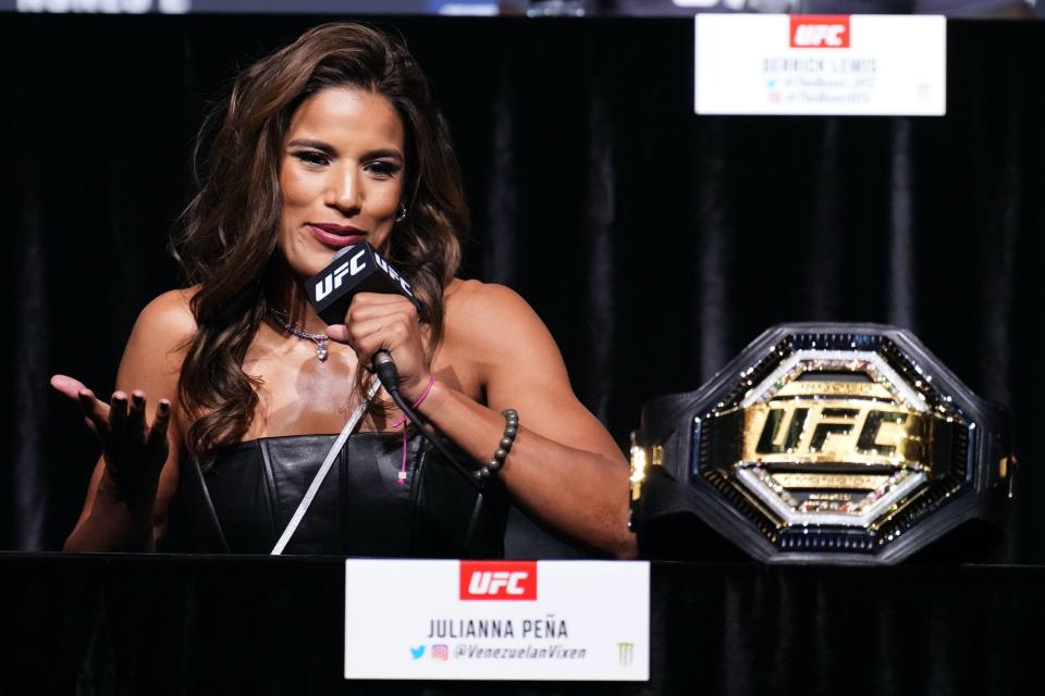 Julianna Pena speaks to reporters ahead of her UFC 277 fight.