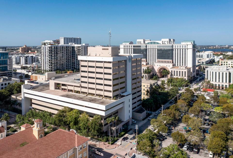 The 12-story Robert Weisman Governmental Center, center, is 40 years old and employs about 500 people on March 11, 2024 in West Palm Beach, Florida.