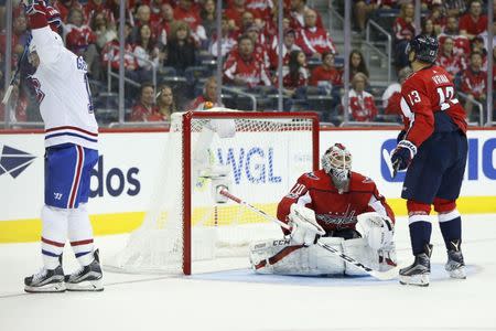 Oct 7, 2017; Washington, DC, USA; Washington Capitals goalie Braden Holtby (70) reacts after Montreal Canadiens right wing Brendan Gallagher (11) scores a goal during the second period at Verizon Center. The Capitals won 6-1. Mandatory Credit: Amber Searls-USA TODAY Sports
